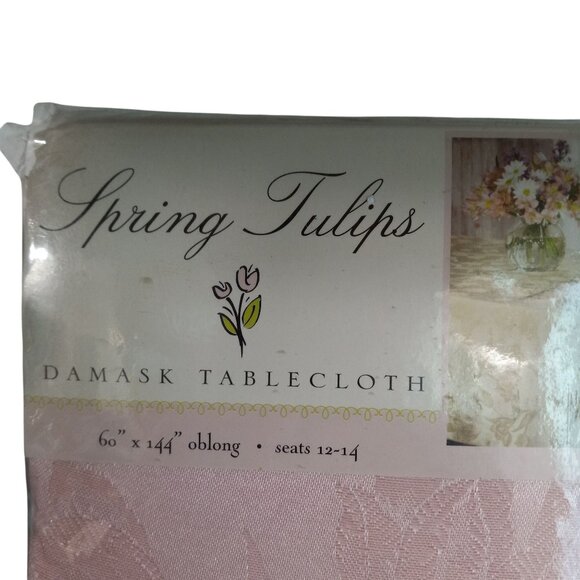Spring Tulips Damask Tablecloth 60 X 144 Oblong Light Pink Polyester Vintage NEW - Picture 2 of 9